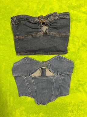 Cider and SHEIN Blue Denim cropped tube tops, stretchy, zippers and buckles